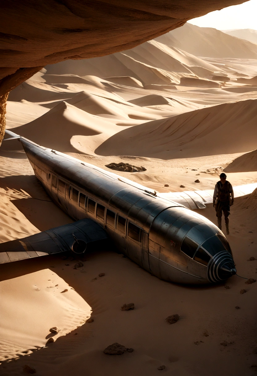 A highly detailed photo-realistic image of a crashed airplane in a vast, arid desert landscape, dust clouds swirling, sun-bleached wreckage partially buried in the sand, shattered fragments scattered across the dunes, a lone figure standing among the debris, surveying the scene, dramatic lighting and shadows, cinematic composition, hyper-realistic textures, 8k, photorealistic, masterpiece, ultra-detailed, sharp focus, physically-based rendering, extreme detail description, professional, vivid colors, cinematic lighting