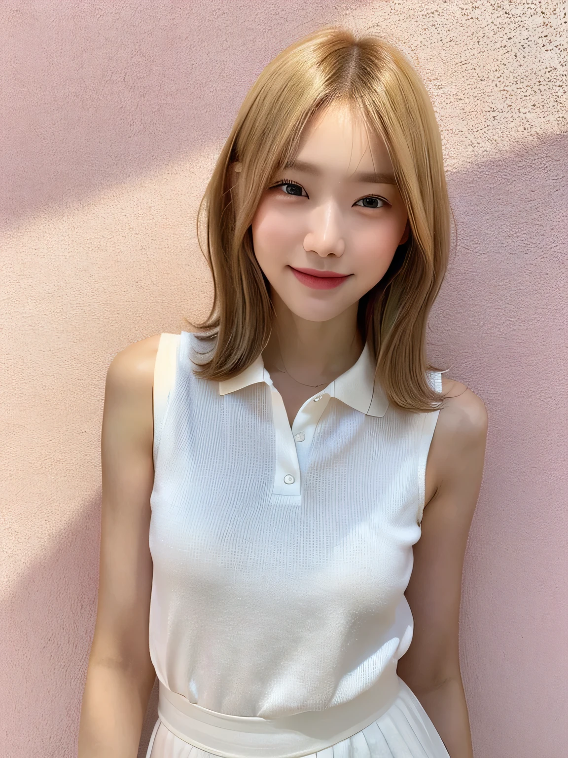 One person、11 years old、Full body photo,slender、woman、White drool coming out of the mouth、smile、Blonde、Very Short Bob、 Fair skin, messy hair, super cute、Soft and Face、8K resolution、Surreal、Ultra high definition、 A-cup small breasts((Highest resolution、8K、masterpiece:1.3))、Ultra-fine face、Ultra Fine Lips、Beautiful Eyes、double eyelid,Pink wall、Sleeveless red polo shirt、White Skirt、Thighs、thin,Thighsが見える、Shapely small breasts、sexy