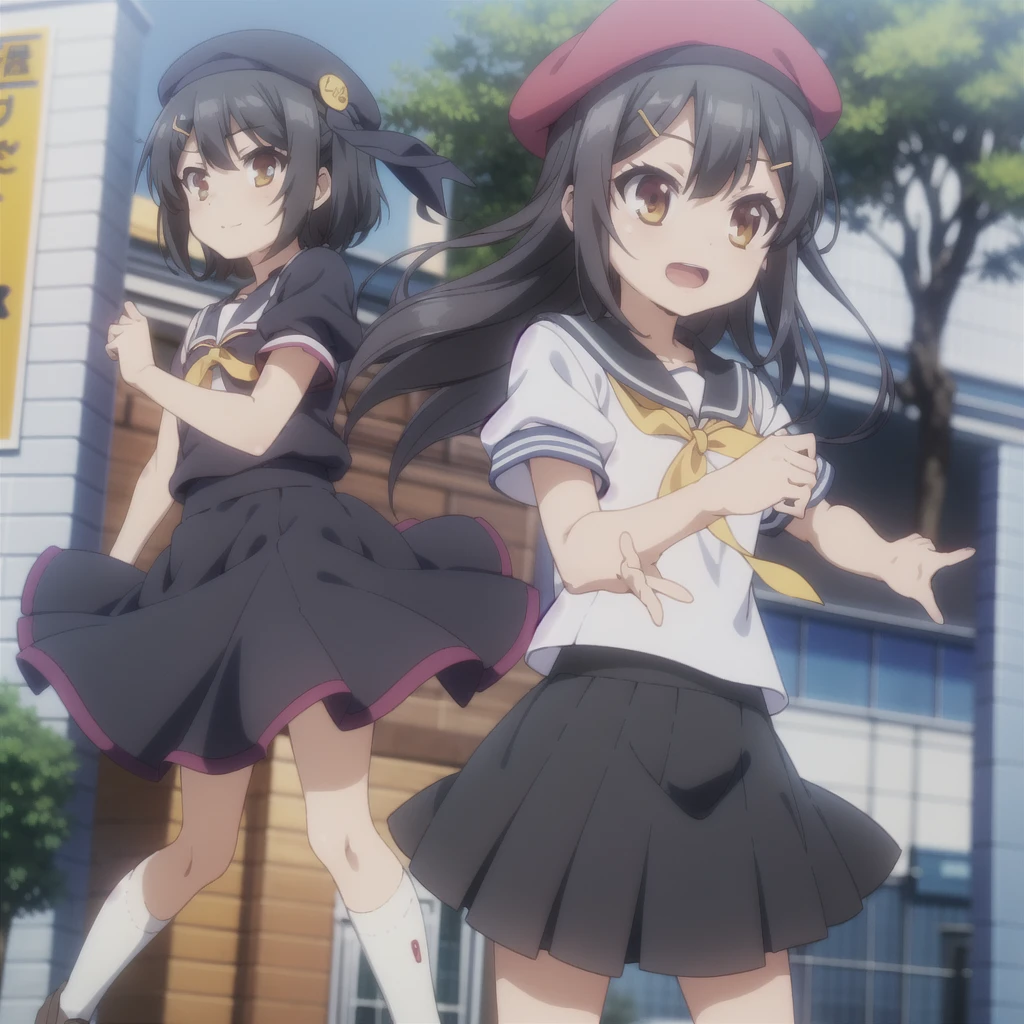 One girl,alone,smile,Outdoor,
Miu,brown_eye,black_hair,length_hair,前hair,hair_between_eye,hair_ornament,hairclip,Friendly_School_School_uniform,School_uniform,Puffy_sleeve,short_sleeve,shirt,white_shirt,Puffy_short_sleeve,black_skirt,Pleats_skirt,ribbon,head_ribbon,Knee socks,black_Knee socks,Have,brown_hat,beret,