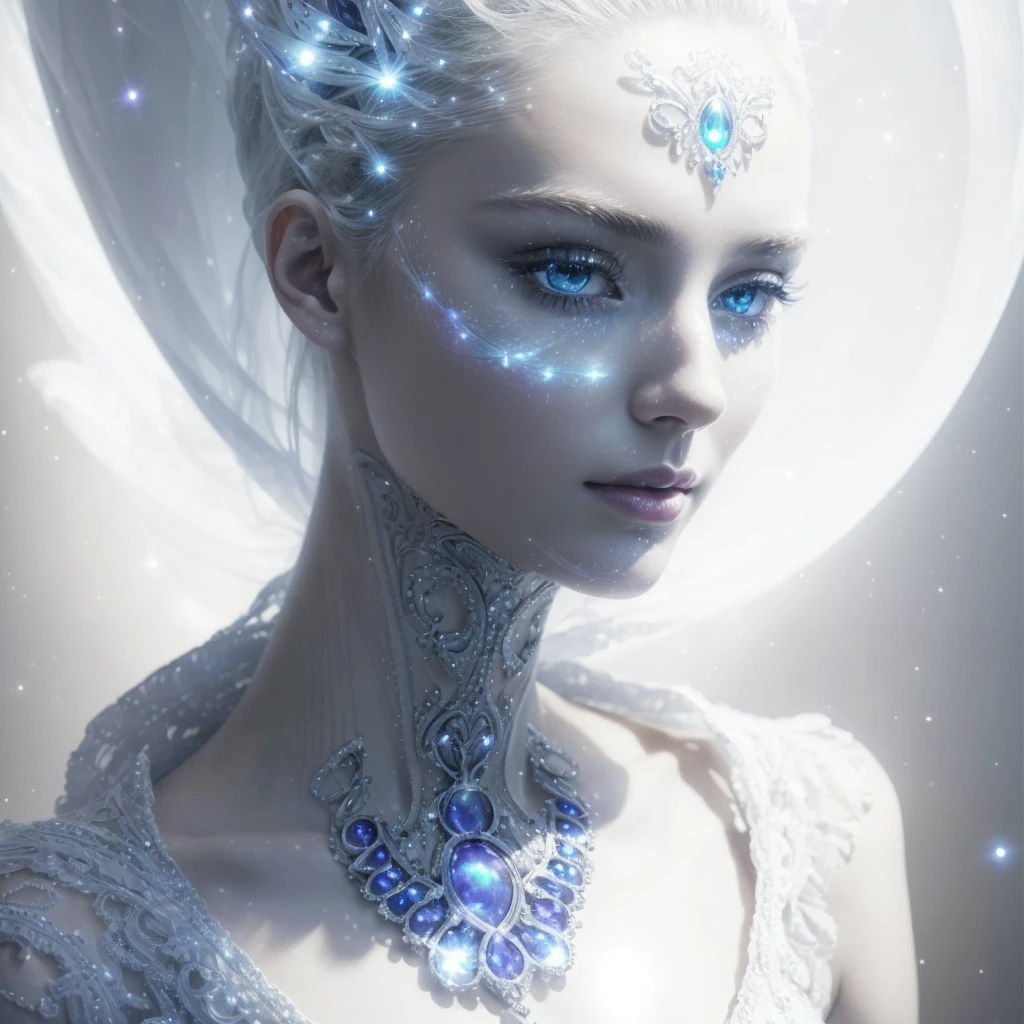 Very real and complete image. beautiful face in profile of an extraterrestrial Goddess, with a long neck, large and elongated head, very white and smooth skin, slanted blue eyes, tiny nose, bright blue luminous dots emerge from her neck, she wears a white ruffled dress. Photorealism, full view, highly detailed image, very realistic, hyperrealism, Ultra HD, 8k, 5, sharp focus, intricate and mysterious masterpiece. (Long exposure photography Very detailed close-up portrait artistic illustration: final quality, medium shot, backlight, Rich and striking. Enigmatic and mysterious manipulations (composition of the rule of thirds), ((detailed environment with strong lines) The best quality, in camera, white light, warm and clean aesthetics, dazzling screen composed of millions of brilliant ultraviolet rays, HDR.