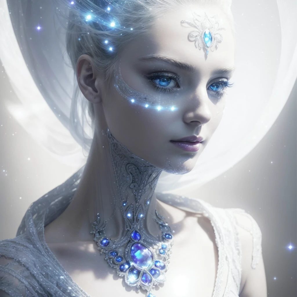 Very real and complete image. beautiful face in profile of an extraterrestrial Goddess, with a long neck, large and elongated head, very white and smooth skin, slanted blue eyes, tiny nose, bright blue luminous dots emerge from her neck, she wears a white ruffled dress. Photorealism, full view, highly detailed image, very realistic, hyperrealism, Ultra HD, 8k, 5, sharp focus, intricate and mysterious masterpiece. (Long exposure photography Very detailed close-up portrait artistic illustration: final quality, medium shot, backlight, Rich and striking. Enigmatic and mysterious manipulations (composition of the rule of thirds), ((detailed environment with strong lines) The best quality, in camera, white light, warm and clean aesthetics, dazzling screen composed of millions of brilliant ultraviolet rays, HDR.