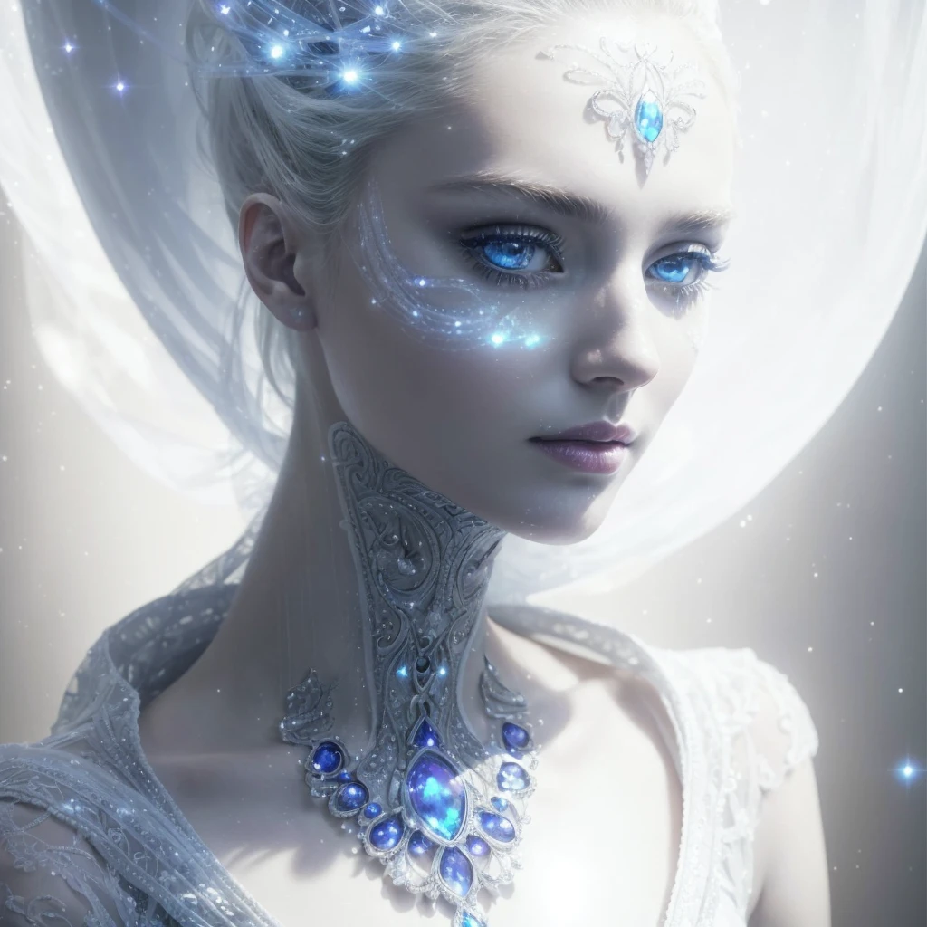 Very real and complete image. beautiful face in profile of an extraterrestrial Goddess, with a long neck, large and elongated head, very white and smooth skin, slanted blue eyes, tiny nose, bright blue luminous dots emerge from her neck, she wears a white ruffled dress. Photorealism, full view, highly detailed image, very realistic, hyperrealism, Ultra HD, 8k, 5, sharp focus, intricate and mysterious masterpiece. (Long exposure photography Very detailed close-up portrait artistic illustration: final quality, medium shot, backlight, Rich and striking. Enigmatic and mysterious manipulations (composition of the rule of thirds), ((detailed environment with strong lines) The best quality, in camera, white light, warm and clean aesthetics, dazzling screen composed of millions of brilliant ultraviolet rays, HDR.