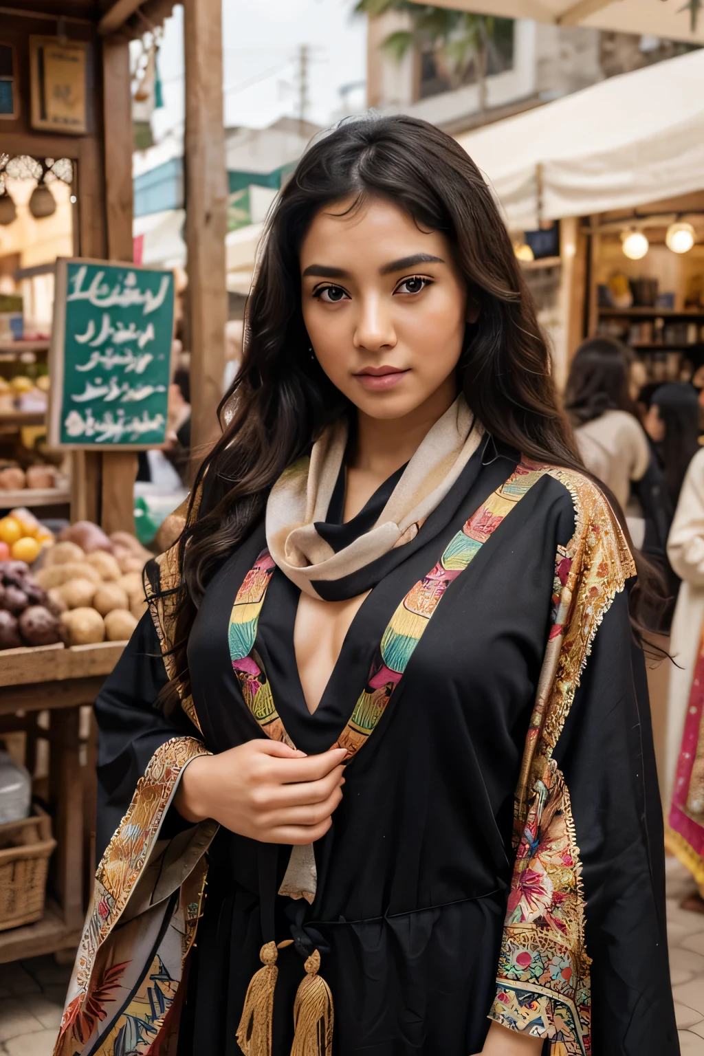 girl on instagram posing,oriental appearance,1 Breast size, black hair, Natural makeup, (Traditional very colorful kaftan dress with a closed neckline), (very loose scarf, revealing curly hair), (Environment of the Tashkent bazaar), masterpiece, Best quality, very detailed, (beautiful and detailed eyes, beautiful and detailed face), (Best quality), (ultra detailed), (masterpiece), (A high resolution), (original), Ultra realistic.