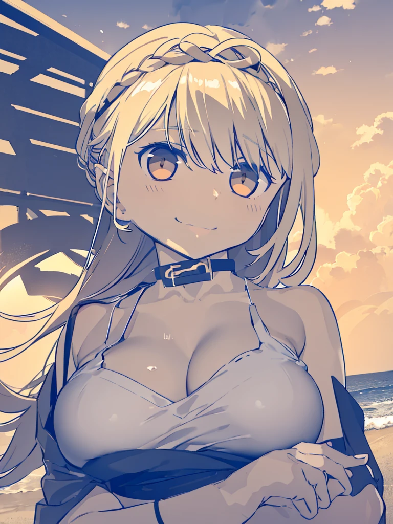 1girl, bandages, bandana, bare_shoulders, beach, blonde_hair, bracelet, braid, breasts, choker, cleavage, cloud, collarbone, dark-skinned_female, dark_skin, doubt_(thedo_ubt), highres, jewelry, khanae_(tomarius), lips, long_hair, looking_at_another, ocean, orange_eyes, original, outdoors, sand, scar, sky, smile, solo, tree, best quality, masterpiece, nai3