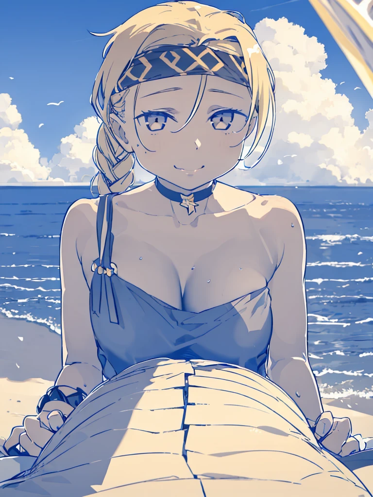 1girl, bandages, bandana, bare_shoulders, beach, blonde_hair, bracelet, braid, breasts, choker, cleavage, cloud, collarbone, dark-skinned_female, dark_skin, doubt_(thedo_ubt), highres, jewelry, khanae_(tomarius), lips, long_hair, looking_at_another, ocean, orange_eyes, original, outdoors, sand, scar, sky, smile, solo, tree, best quality, masterpiece, nai3