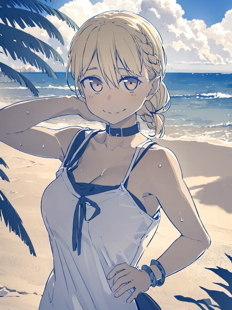 1girl, bandages, bandana, bare_shoulders, beach, blonde_hair, bracelet, braid, breasts, choker, cleavage, cloud, collarbone, dark-skinned_female, dark_skin, doubt_(thedo_ubt), highres, jewelry, khanae_(tomarius), lips, long_hair, looking_at_another, ocean, orange_eyes, original, outdoors, sand, scar, sky, smile, solo, tree, best quality, masterpiece, nai3