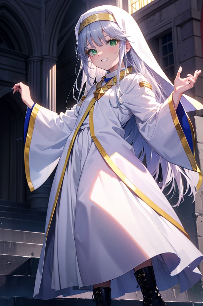 index, index, (Green Eyes:1.5), Silver Hair, Long Hair, (Flat Chest:1.2),Grin,
break habit, Long sleeve, Nuns, Robe, white Robe, Wide sleeves,Long skirt,boots,Put your right hand on your hip,In his left hand he holds a long sacred staff,whole bodyがイラストに入るように,
break looking at viewer, whole body,
break indoors, church,
break (masterpiece:1.2), Highest quality, High resolution, unity 8k wallpaper, (figure:0.8), (Beautiful attention to detail:1.6), Highly detailed face, Perfect lighting, Highly detailed CG, (Perfect hands, Perfect Anatomy),