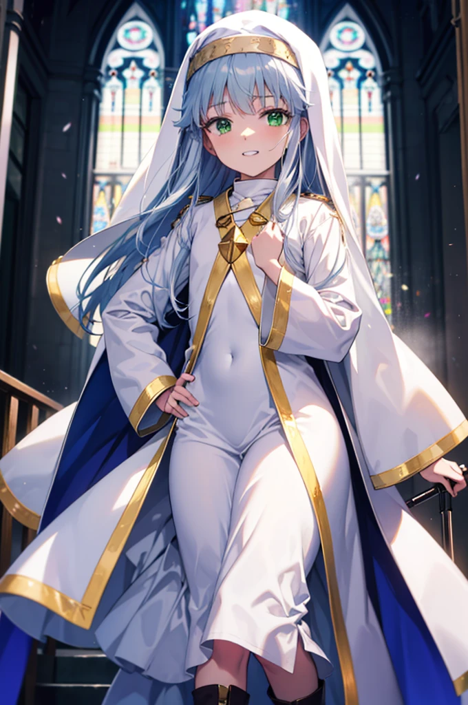 index, index, (Green Eyes:1.5), Silver Hair, Long Hair, (Flat Chest:1.2),Grin,
break habit, Long sleeve, Nuns, Robe, white Robe, Wide sleeves,Long skirt,boots,Put your right hand on your hip,In his left hand he holds a long sacred staff,whole bodyがイラストに入るように,
break looking at viewer, whole body,
break indoors, church,
break (masterpiece:1.2), Highest quality, High resolution, unity 8k wallpaper, (figure:0.8), (Beautiful attention to detail:1.6), Highly detailed face, Perfect lighting, Highly detailed CG, (Perfect hands, Perfect Anatomy),