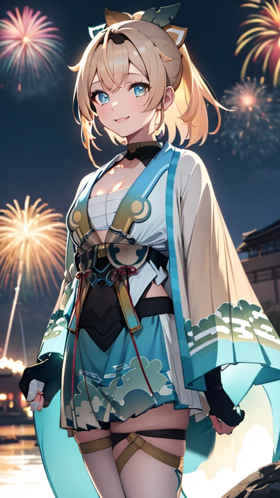 (masterpiece, Highest quality, Super detailed),One girl,((super fine illustration)),((cute eyes,highly detailed skin)),((smile)),(well endowed,Blessed,Captivating body、Detailed Background)、(yukata:1.5),firework,(大量のfirework,Night view,Ocean)、Festivals、1girl, kazama iroha, blonde hair, fingerless gloves, japanese clothes, white thighhighs, black gloves,ponytail,blue eyes, black hairband, hair ornament, leaf hair ornament,breasts