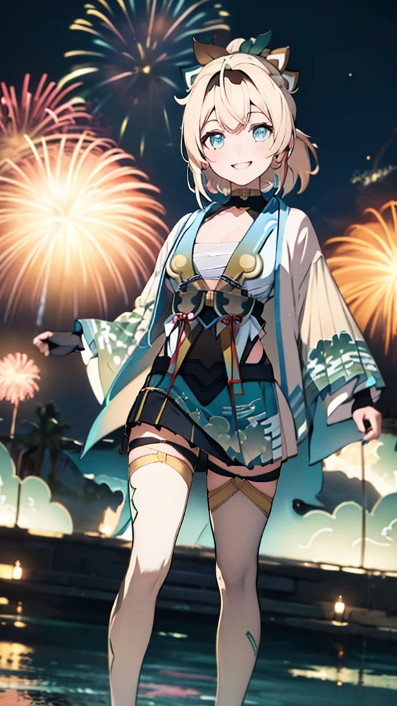 (masterpiece, Highest quality, Super detailed),One girl,((super fine illustration)),((cute eyes,highly detailed skin)),((smile)),(well endowed,Blessed,Captivating body、Detailed Background)、(yukata:1.5),firework,(大量のfirework,Night view,Ocean)、Festivals、1girl, kazama iroha, blonde hair, fingerless gloves, japanese clothes, white thighhighs, black gloves,ponytail,blue eyes, black hairband, hair ornament, leaf hair ornament,breasts