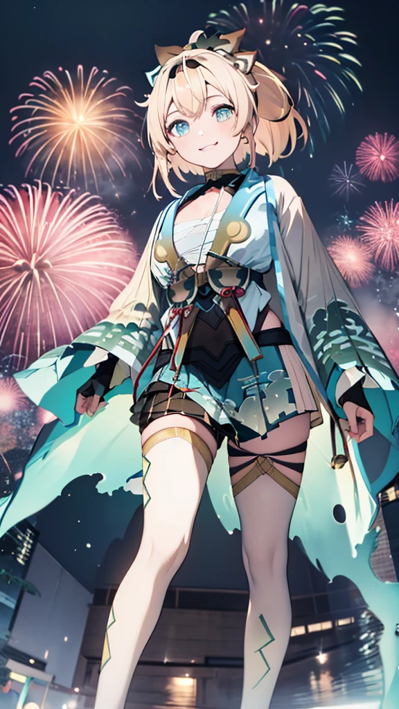 (masterpiece, Highest quality, Super detailed),One girl,((super fine illustration)),((cute eyes,highly detailed skin)),((smile)),(well endowed,Blessed,Captivating body、Detailed Background)、(yukata:1.5),firework,(大量のfirework,Night view,Ocean)、Festivals、1girl, kazama iroha, blonde hair, fingerless gloves, japanese clothes, white thighhighs, black gloves,ponytail,blue eyes, black hairband, hair ornament, leaf hair ornament,breasts