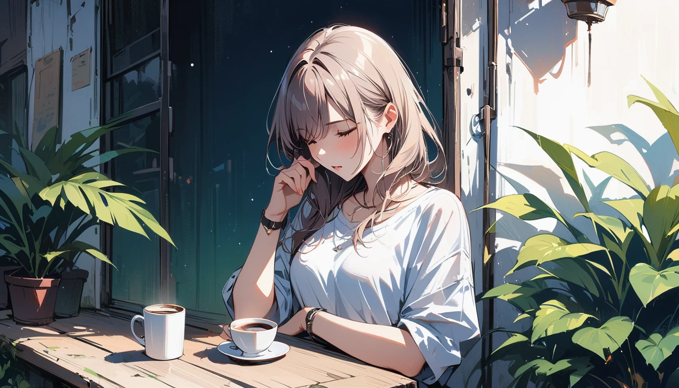 (masterpiece, Highest quality:1.2), 1 Girl, alone,Have a coffee,Tropical atmosphere