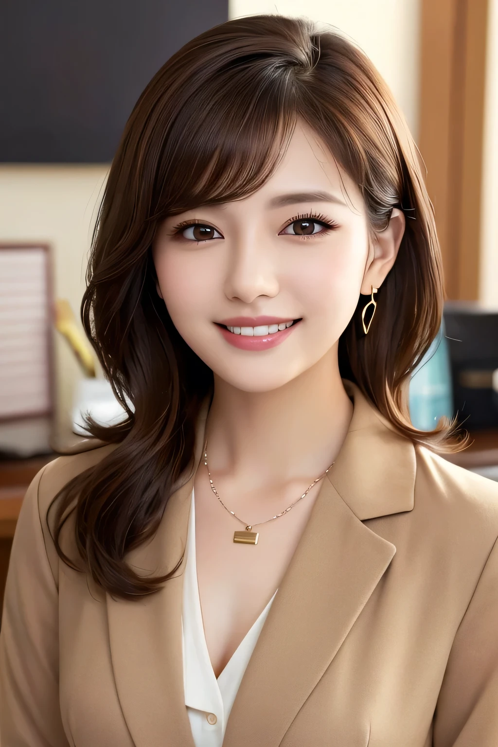 Beautiful young woman、 brown hair、Necklace around the neck、Office Lady Suits、Jacket、Unbuttoned shirt、smile、Beautiful teeth alignment、Wavy Hair、short hair、Intricate details, Very detailed:1.2), 、 Looking into the camera,The background is the office、Necklace around the neck、Dark eyeliner、ear piercing
