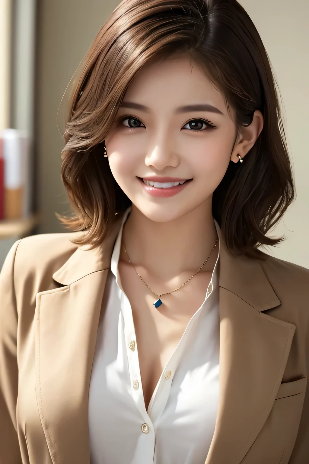 Beautiful young woman、 brown hair、Necklace around the neck、Office Lady Suits、Jacket、Unbuttoned shirt、smile、Beautiful teeth alignment、Wavy Hair、short hair、Intricate details, Very detailed:1.2), 、 Looking into the camera,The background is the office、Necklace around the neck、Dark eyeliner、ear piercing
