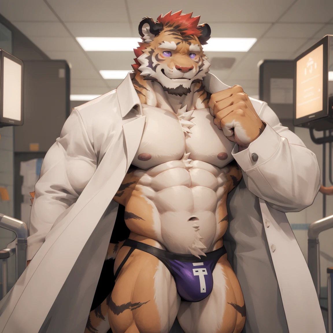 masterpiece, best quality, 8k resolution, Very detailed, hairy，tiger，((red hair))，muscle，Strong，超大muscle，((Hospital))，(((Purple pupils)))，For the audience，(((White coat)))，portrait，(((No clothes under the coat)))，(Highest quality scene)，(((Thong)))，(((Blushing)))，(((Hip bulge)))，(((Ultra clear eyes))，((Solitary))，((whole body))，(((Standing)))，((Mature))，(((Uncle)))，(((Orange fur)))，((Shame))，((Smile))