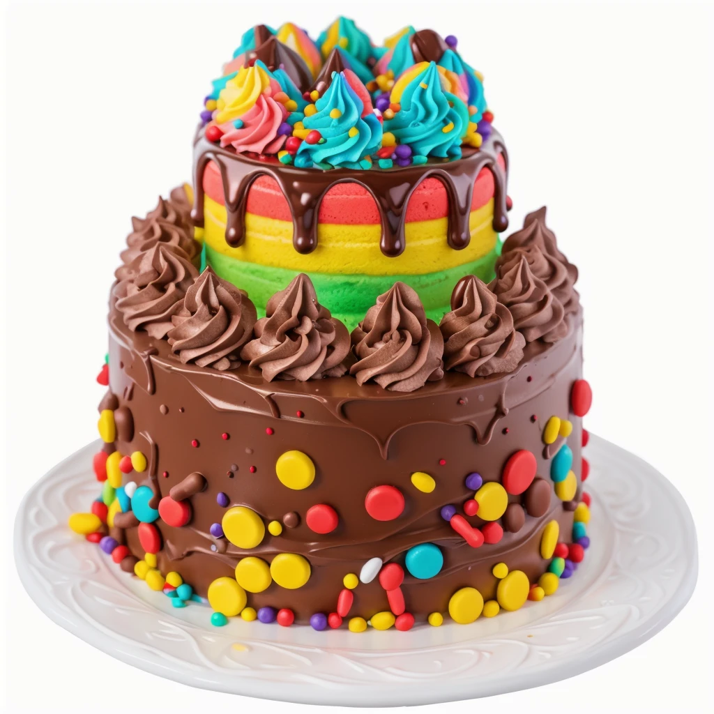 on the white background, on a porcelain plate, a chocolate two-layer cream cake, decorated with sprinkles on the bottom, chocolate cream swirls on the first layer, the second cream layer multi-colored, chocolate ganache on the second layer, multi-colored swirls with sprinkles on top, realistic texture, realistic style, detailed texture, high quality, high resolution, high quality rendering, realistic photo, brightning light, macro photo, ultra hd 4k