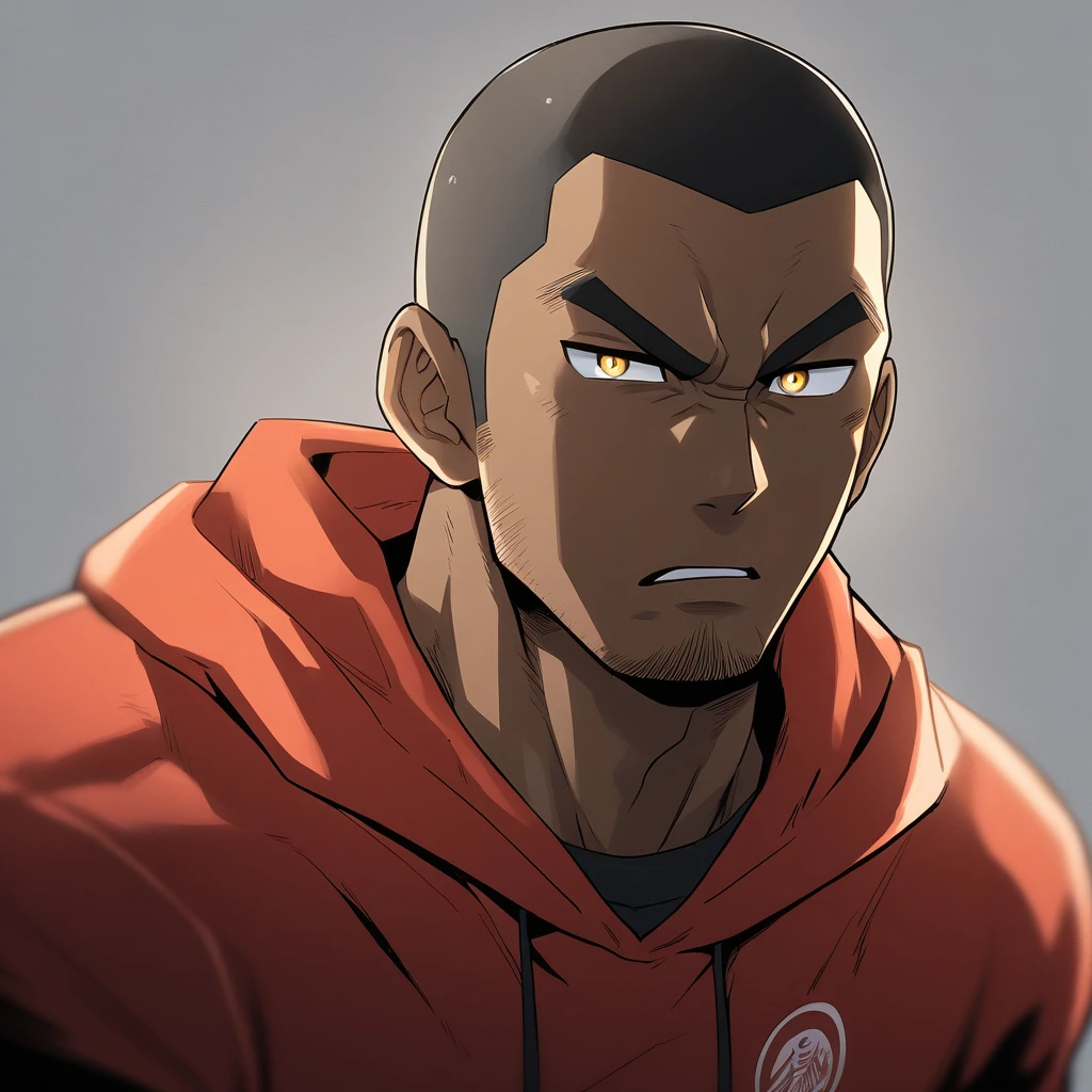 anime characters：Gyee, Young Muscle Sports Teacher, negro black skin, Buzz Cut, Manliness, male focus, Dark red long-sleeved hooded sweatshirt, Very tight, muscular male, muscular, only, Upper body, alone, Black short hair, Thick eyebrows, stubble, Yellow eyes, Grey background, simple background, amazing quality, best aesthetics, Ridiculous, bright pupils, crew cut, parted lips, angry, v-shaped eyebrows, jitome, frown, best quality