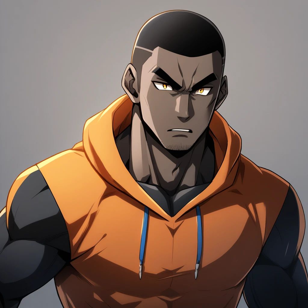 anime characters:Gyee, Young Muscle Sports Teacher, negro black skin, Buzz Cut, Manliness, male focus, Dark red long-sleeved hooded sweatshirt, Very tight, muscular male, muscular, only, Upper body, alone, Black short hair, Thick eyebrows, stubble, Yellow eyes, Grey background, simple background, amazing quality, best aesthetics, Ridiculous, bright pupils, crew cut, parted lips, angry, v-shaped eyebrows, jitome, frown, best quality