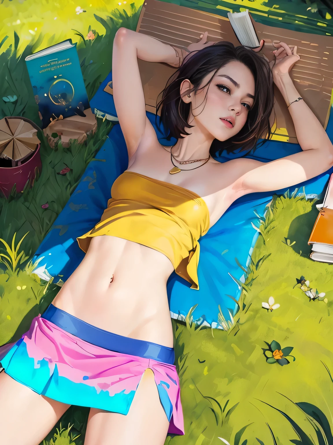 superflat, flat colors, 1girl, 19yo, slim, (medium breast), short bob dark hair, shy, vibrant colors, psychedelic, vibrant, bright, watercolor, (topless:1.3), ((wearing skimpy mini skirt:1.5)), (very small sexy t-shirt top:1.5), ((reading a book:1.5)) (( Lie down on the grass:1.4)), Overhead camera, sharp focus, handsome,plump legs, skinny,professional lighting,city, eyelines,gold necklace,rendered eyes,tall body,adult woman,hair ornament,instagram most viewed,official wallpaper, official art,(kpop idol), mini skirt, half-closed eyes,building,((photorealistic painting art by midjourney and greg rutkowski)),((supermodel))