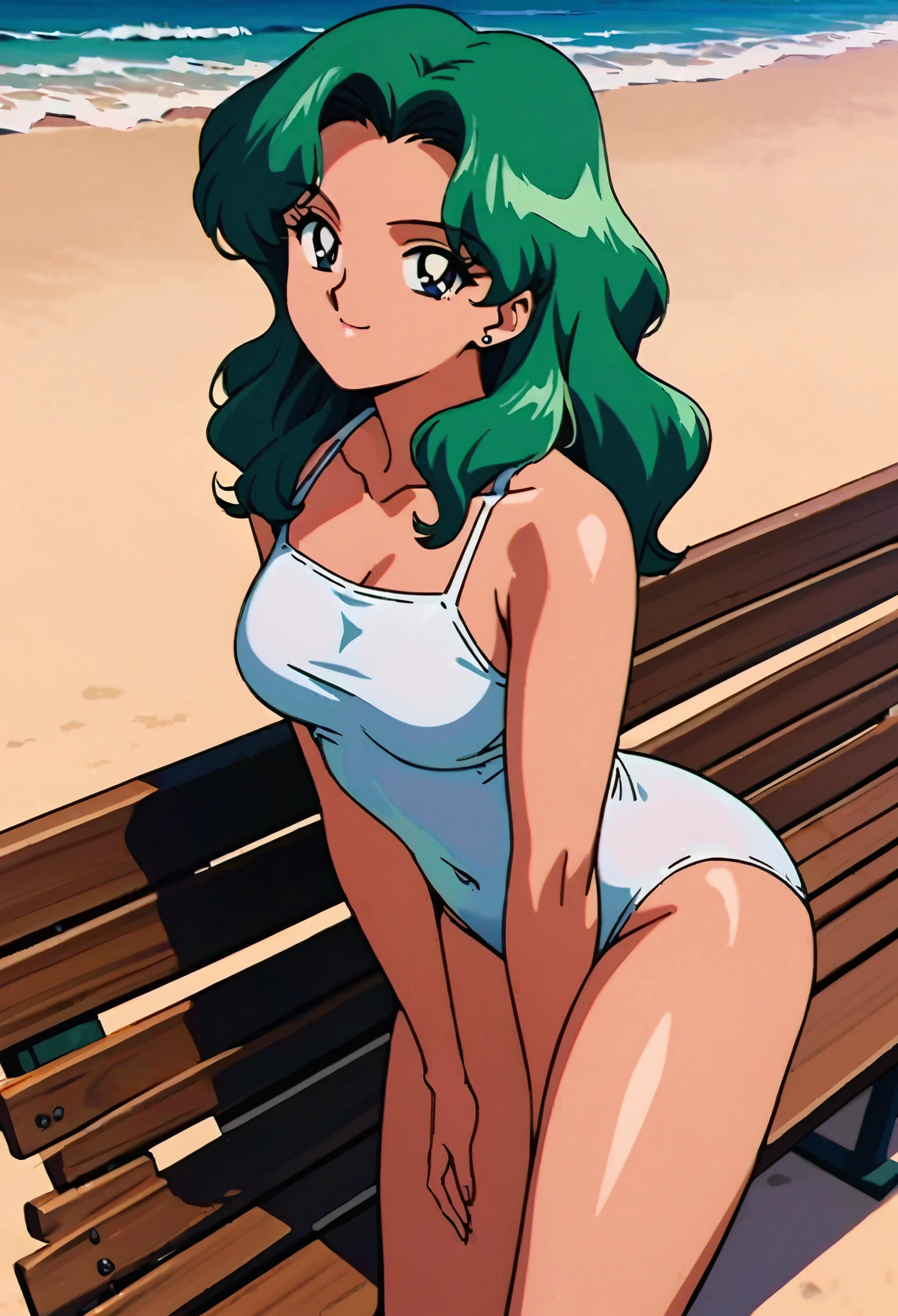 masterpiece,best quality,very aesthetic,ultra detailed,intricate details,Sailor Neptune XL,1990s \(style\),1girl,solo,white swimsuit,stud earrings,long hair,green eyes,green hair, beach, standing, by bench,happy smile,