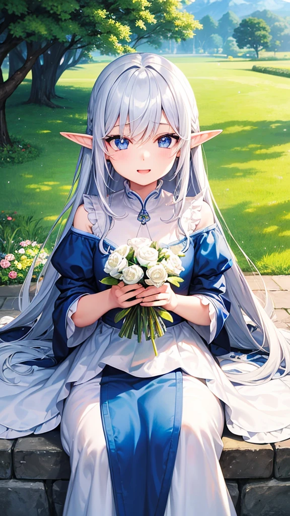 ((Highest quality)), ((masterpiece)), (detailed), One girl, The background is nature、The weather was sunny.、Silver hair straight long hair、Half Up、Parallel thin eyebrows、Double droopy eyes、Thin lips、Small nose、Blue Eyes、Long eyelashes、Delicate appearance、Illustration seen from the front、A big smile with an open mouth、White dress、Fantastic illustrations、Highlights are 7 colors、The light is on my face、Illustration of eyes matching the viewer、Elf、For delivery、Character portrait、whole body、Down to the toes、
