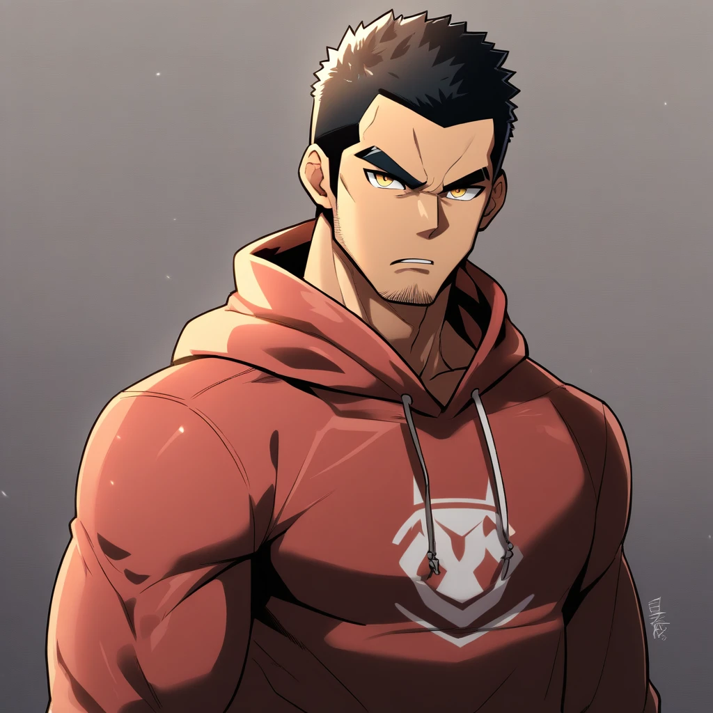 anime characters：Gyee, Young Muscle Sports Teacher, negro black skin,  Manliness, male focus, Dark red long-sleeved hooded sweatshirt, Very tight, muscular male, muscular, only, Upper body, alone, Black short hair, Thick eyebrows, stubble, Yellow eyes, Grey background, simple background, amazing quality, best aesthetics, Ridiculous, bright pupils, crew cut, parted lips, angry, v-shaped eyebrows, jitome, frown, best quality