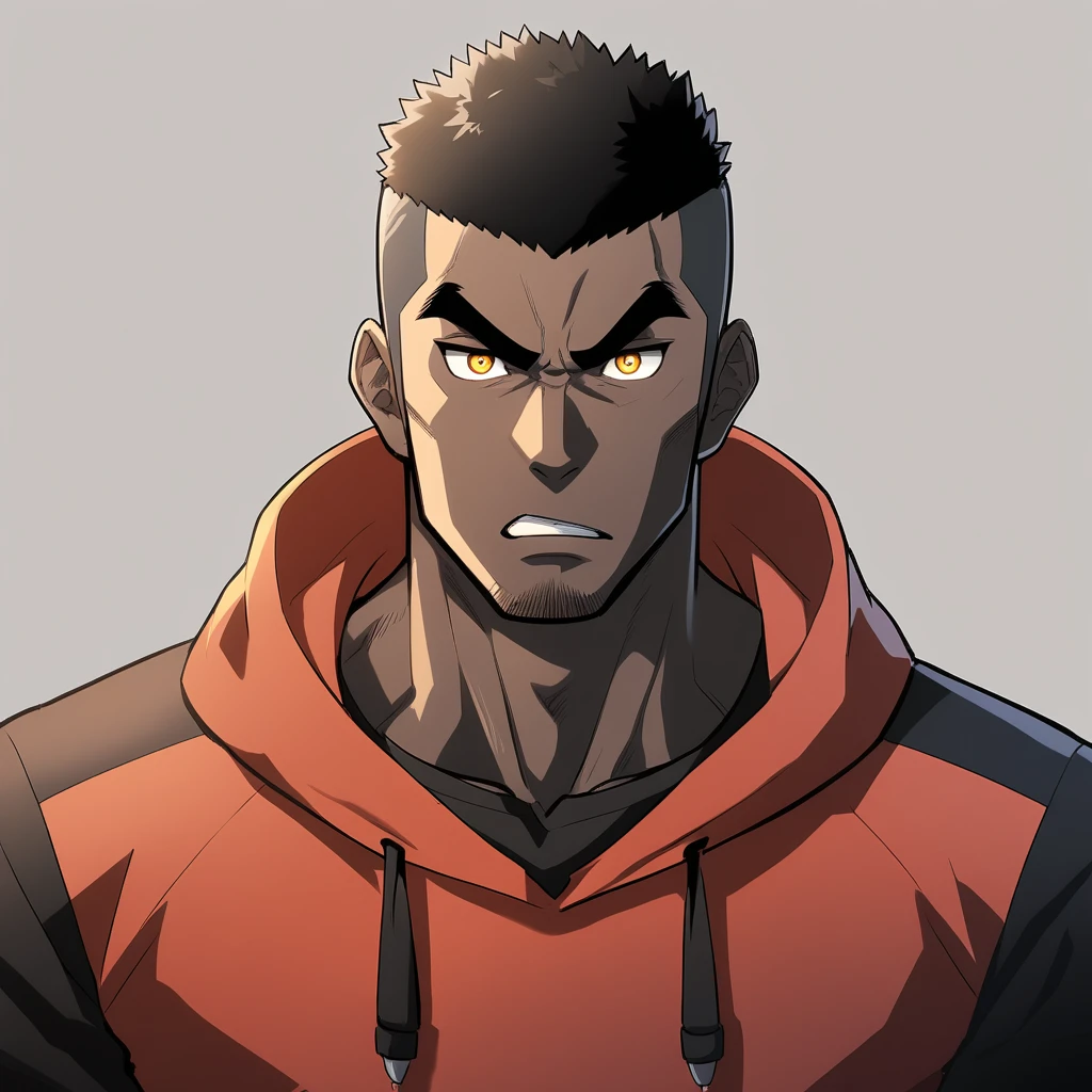 anime characters：Gyee, Young Muscle Sports Teacher, ????? black skin,  Manliness, male focus, Dark red long-sleeved hooded sweatshirt, Very tight, muscular male, muscular, only, Upper body, alone, Black short hair, Thick eyebrows, stubble, Yellow eyes, Grey background, simple background, amazing quality, best aesthetics, Ridiculous, bright pupils, crew cut, parted lips, angry, v-shaped eyebrows, jitome, frown, best quality