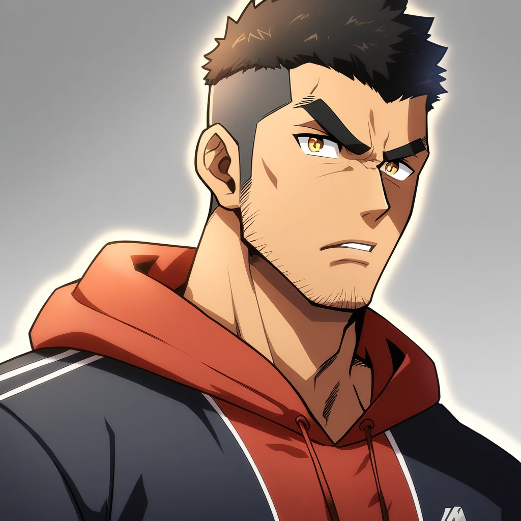 anime characters：Gyee, Young Muscle Sports Teacher, negro black skin,  Manliness, male focus, Dark red long-sleeved hooded sweatshirt, Very tight, muscular male, muscular, only, Upper body, alone, Black short hair, Thick eyebrows, stubble, Yellow eyes, Grey background, simple background, amazing quality, best aesthetics, Ridiculous, bright pupils, crew cut, parted lips, angry, v-shaped eyebrows, jitome, frown, best quality