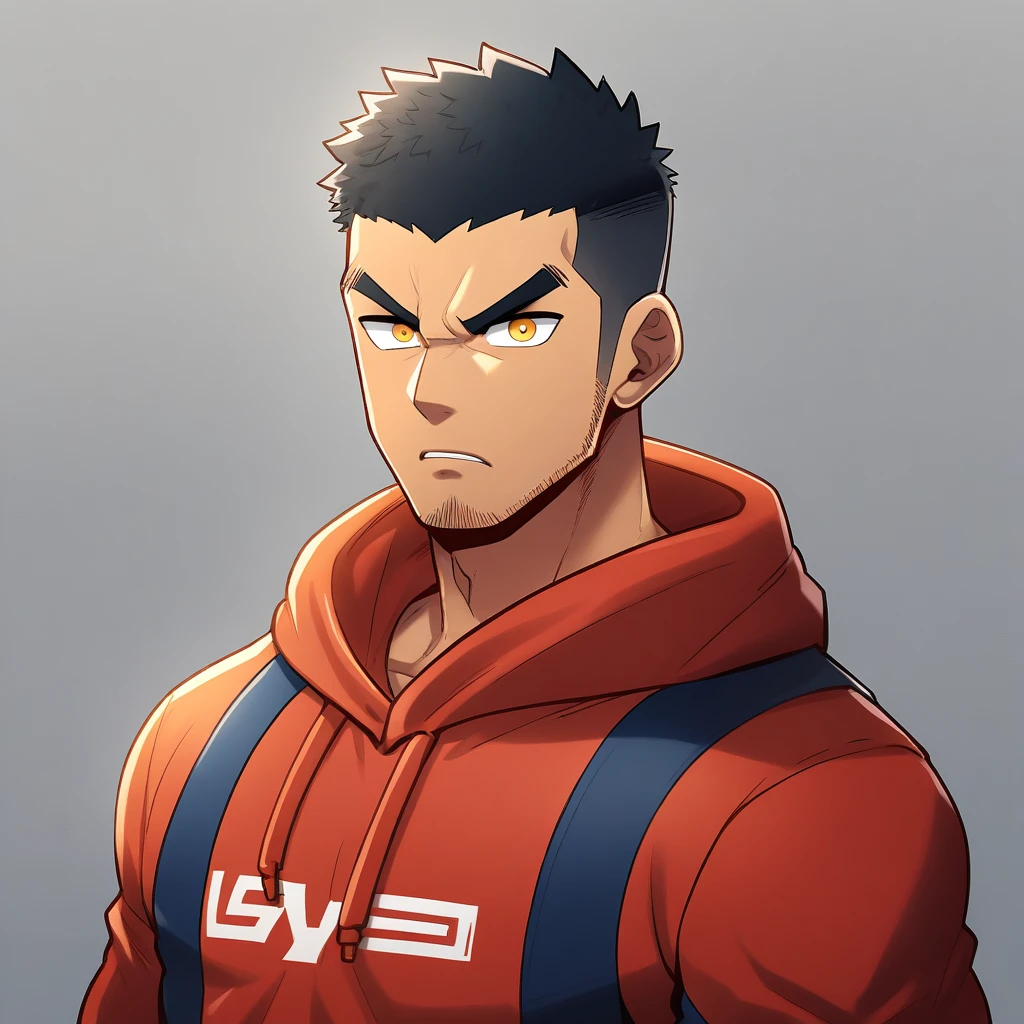 anime characters：Gyee, Young Muscle Sports Teacher, negro black skin,  Manliness, male focus, Dark red long-sleeved hooded sweatshirt, Very tight, muscular male, muscular, only, Upper body, alone, Black short hair, Thick eyebrows, stubble, Yellow eyes, Grey background, simple background, amazing quality, best aesthetics, Ridiculous, bright pupils, crew cut, parted lips, angry, v-shaped eyebrows, jitome, frown, best quality