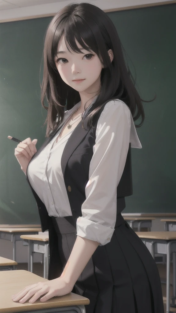 (Highly detailed CG Unity 8k wallpaper)、(masterpiece)、(Highest quality)、(Super detailed)、(Best illustrations)、(Best Shadow)、Ultra-high resolution、(Real、Photorealistic:1.2)、(Beautiful student teacher:1.4)、Dark brown long hair、(Large Breasts:1.2)、(School classroom:1.4)、(Black recruitment suit:1.2)、(Cute Necklace:1.2)、Puffy eyes、(Stand at the podium with the blackboard behind you:1.2)、(Close-up)、High contrast light、Upper Body