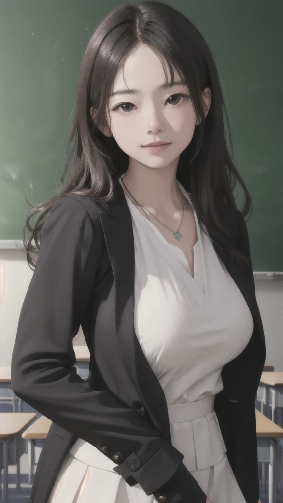 (Highly detailed CG Unity 8k wallpaper)、(masterpiece)、(Highest quality)、(Super detailed)、(Best illustrations)、(Best Shadow)、Ultra-high resolution、(Real、Photorealistic:1.2)、(Beautiful student teacher:1.4)、Dark brown long hair、(Large Breasts:1.2)、(School classroom:1.4)、(Black recruitment suit:1.2)、(Cute Necklace:1.2)、Puffy eyes、(Stand at the podium with the blackboard behind you:1.2)、(Close-up)、High contrast light、Upper Body