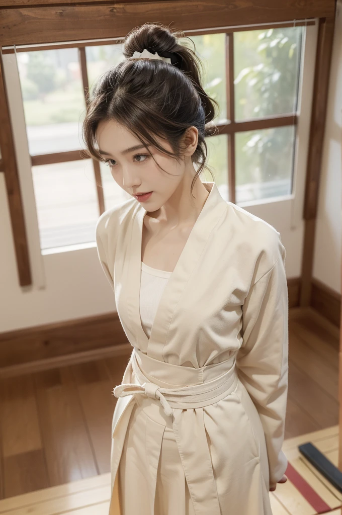 (((best quality))),(((ultra detailed))),(((masterpiece))),illustration,1girl,solo,short ponytail,slim,thin,small breasts,flat chest,white kendogi,three-quarter sleeves,red kendo hakama,standing in kendodo gym,arms behind back,focused and determined expression,ready for challenge,slender and elegant face,confident and resilient,fair skin,blush,neat teeth,bright smile,clean and tidy uniform,wooden gym floor,wall,pine scent,standard grip,ready to slice through obstacles,strong belief,determination,spirit of resilience,admiring