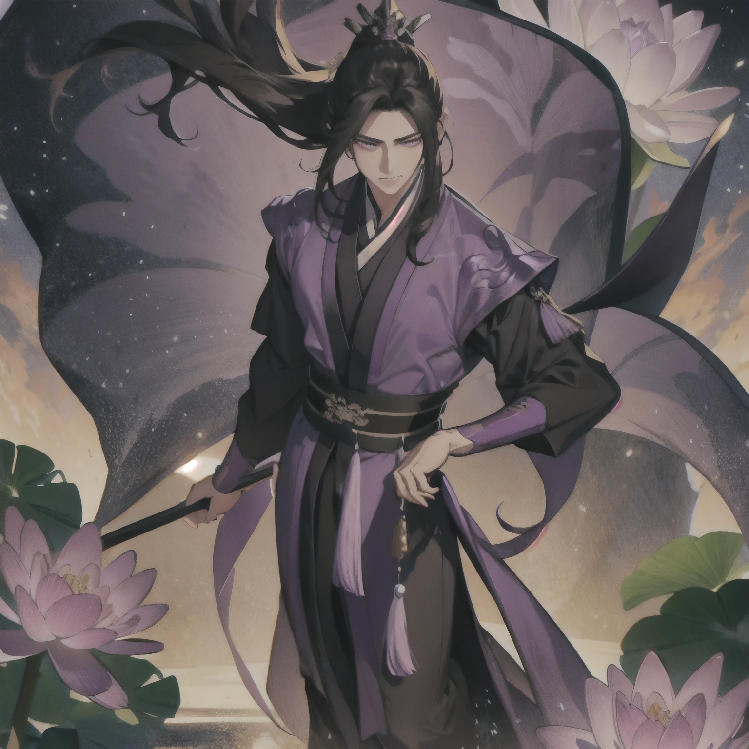 (masterpiece, best quality:1.2), 1male, solo, jiang cheng, mo dao zu shi, mdzs, purple and black clothes, purple eyes, long black hair, perfect anatomy, full body, water lily