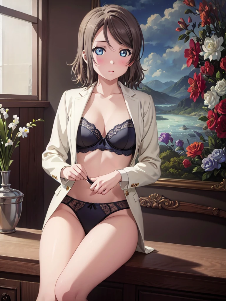 ((Highest quality)),(Ultra-high resolution),(Very detailed),(Detailed Description),((The best CG)),(A masterpiece),Ultra-detailed art,Amazing painting art,(Art with precise details:1.5), Portraiture:1.6,Beautiful and well-proportioned face:1.5、Watanabe Yo, surprised, Floral lace underwear, ((Underwear only)), bra, Panties, Large Breasts, In underwear, adjusting clothes,
