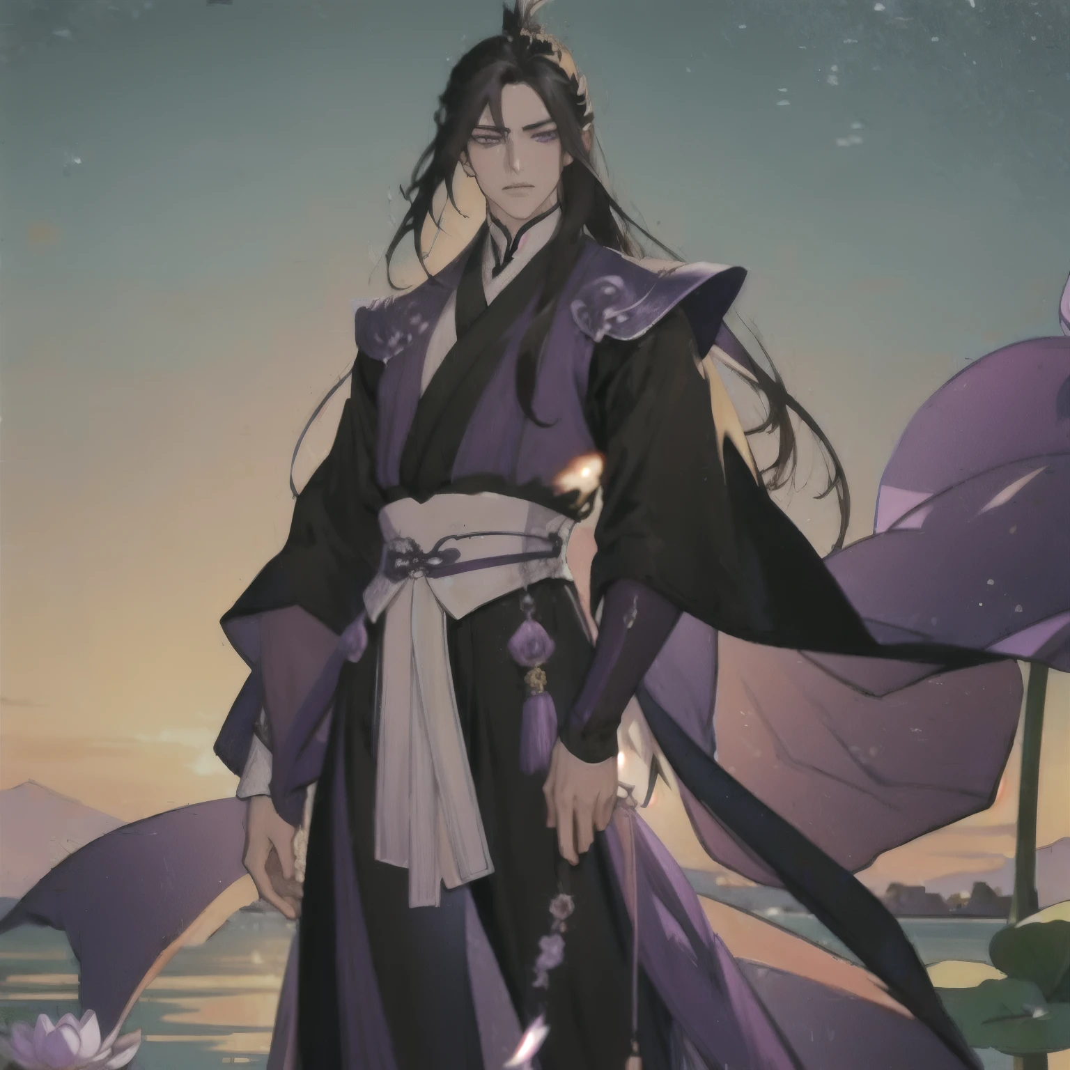 (masterpiece, best quality:1.2), 1male, solo, jiang cheng, mo dao zu shi, mdzs, purple and black clothes, purple eyes, long black hair, perfect anatomy, full body, water lily