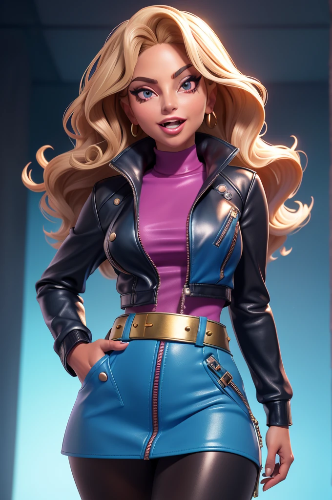 obra prima, melhor qualidade, ((only one woman,)) ((lady gaga, tan skin, wavy bob hair, open mouth,)) head back, (sassy wicked sultry sneer, big teeth smile,) open mouth, pucker mouth, sunglasses, thick smoky black eye shadow, long fake eyelashes, sticking tongue out, ((magenta leather jacket with puff shoulder,)) biker jacket has stiff collar, leather blouse, ((cerulean blue leather sweater dress, metallic leather sun dress, leather culottes,)) periwinkle blazer length leather coat, ((gold pvc skirt, pockets, unzipped front,)) studs zippers snaps, shiny leather gloves, nip slip, body is skinny, shiny tight buttocks, arched back, camera view of whole body, looking up at me, shallow depth of field, highres, HD, 8k, anatomically correct