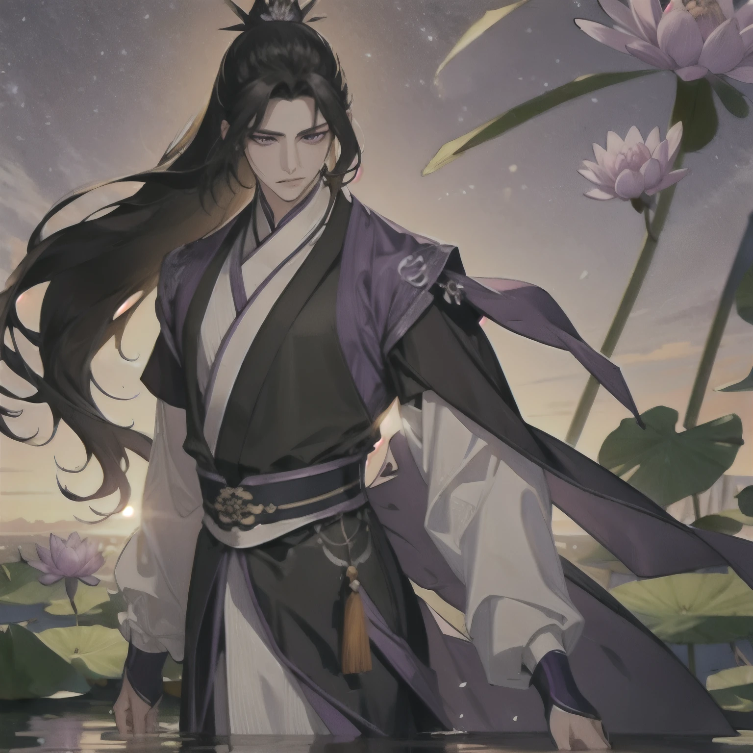 (masterpiece, best quality:1.2), 1male, solo, jiang cheng, mo dao zu shi, mdzs, purple and black clothes, purple eyes, long black hair, perfect anatomy, full body, water lily