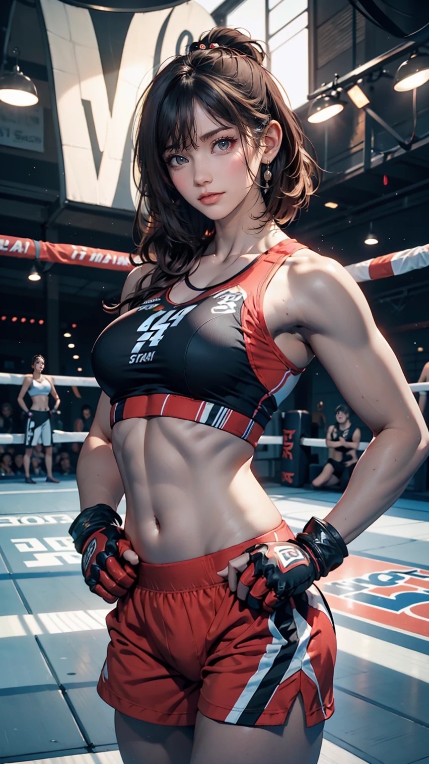 24-year-old woman、Shortcuts、Mixed martial artist、Sports Bra、trunks、Toned body、barefoot、Finger Gloves、Place hands on hips、in the ring