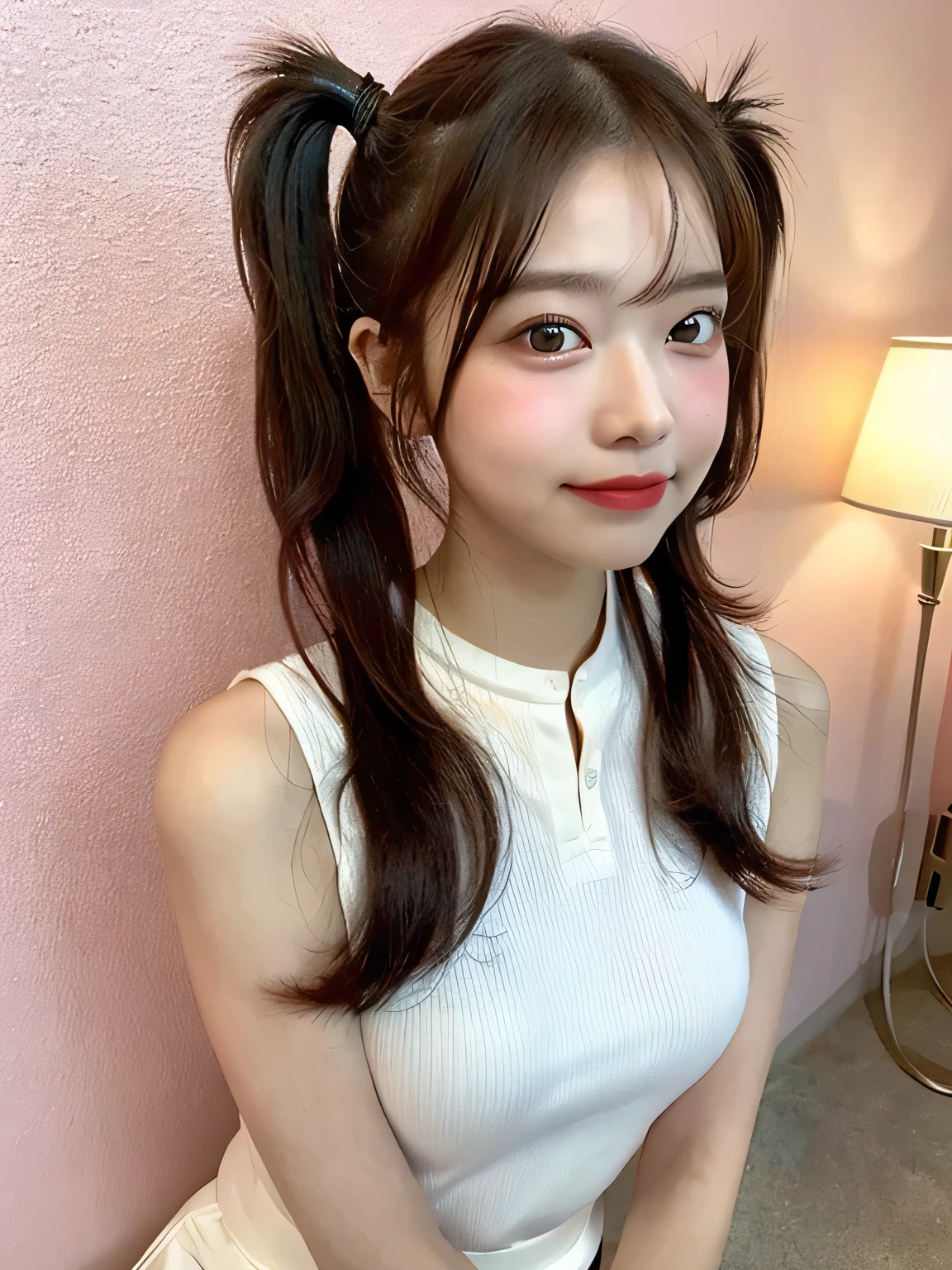 One person、、Full body photo,slender、woman、White drool coming out of the mouth、smile、、Twin tails、 Fair skin, messy hair, super cute、Soft and Face、8K resolution、Surreal、Ultra high definition、 A-cup small breasts((Highest resolution、8K、masterpiece:1.3))、Ultra-fine face、Ultra Fine Lips、Beautiful Eyes、double eyelid,Pink wall、Sleeveless red polo shirt、White Skirt、Thighs、thin,Thighsが見える、Shapely small breasts、sexy
