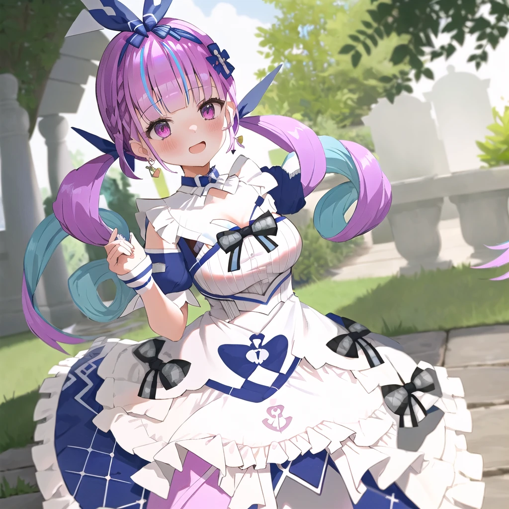 masterpiece, ultra detail, best quality, girl, shy, Minato aqua, Make a heart with your hands., blush, comiket_cosplay_Hiroba, camera, in home, holding camera, day, crowd, taking picture, blue sky, photo background, backwards , iiaqua, twintails, drill hair, cowboy shot, standing, garden, smile
