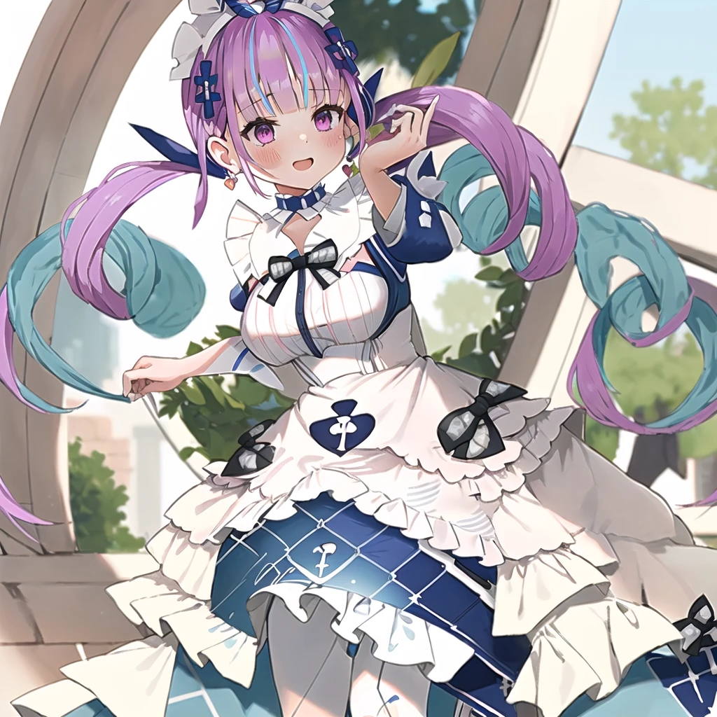 masterpiece, ultra detail, best quality, girl, shy, Minato aqua, Make a heart with your hands., blush, comiket_cosplay_Hiroba, camera, in home, holding camera, day, crowd, taking picture, blue sky, photo background, backwards , iiaqua, twintails, drill hair, cowboy shot, standing, garden, smile