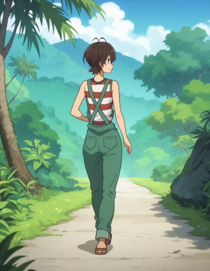 score_9, score_8_up, score_7_up, score_6_up, source anime, anime screencap, anime coloring, miwa, overalls, jungle, trail, looking back, walking, smile, from behind, small breasts,