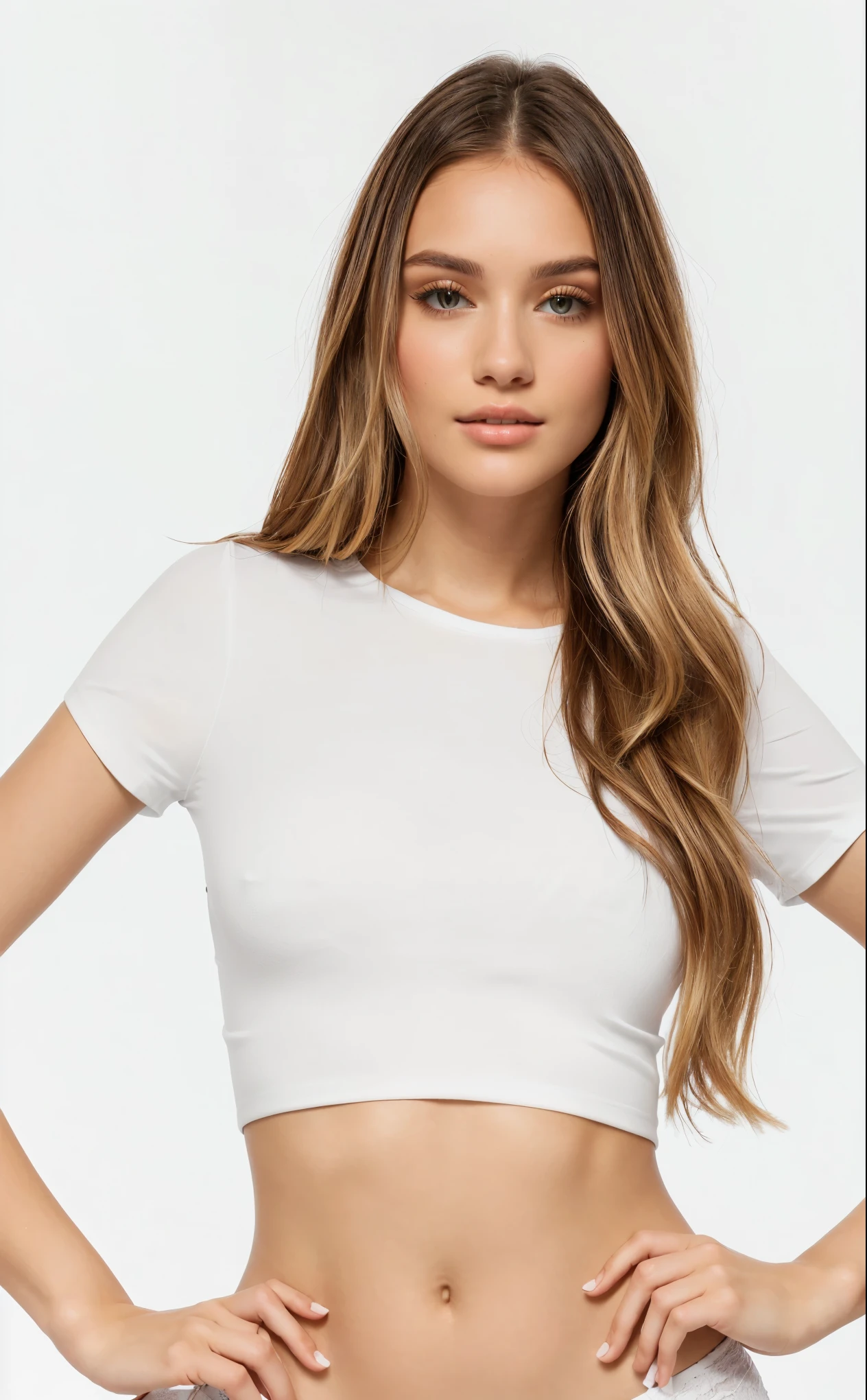a woman in a white top cut and white panties posing for a picture, White top, top cut, tight shirt, wearing a cropped tops, wearing a sexy crop top, wearing a cropped top, top cut, vestido com uma White T-shirt, plain and tight white suit, wearing top cut, White T-shirt, wearing tight shirt, with torn t-shirt