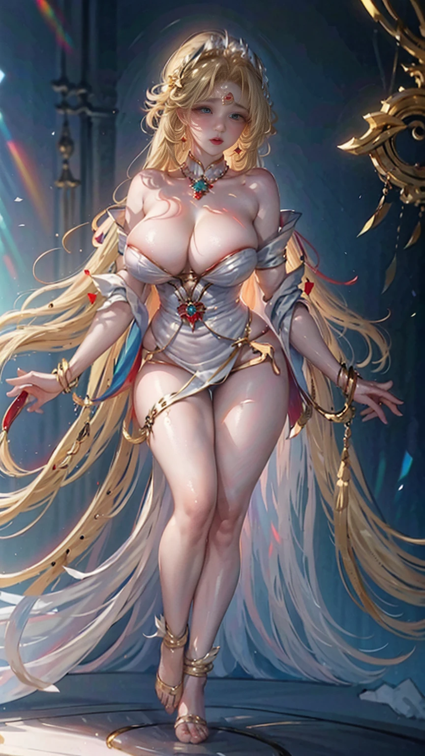 Full body picture,White holy light background,Exquisite, beautiful and charming face,Flowing blond hair,Long gold anklet with jade,The white gauze is wrapped around the plump and graceful body,The white and red skin is faintly visible,Tight and plump thighs pressed together,