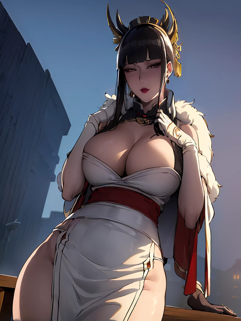 (((absurdres))), (((masterpiece))), (((best quality))), ((ultra-detailed)), ultra high quality, realistic, (real picture, intricate details, depth of field), (1girl, solo), make up, parted lips, highly-detailed, perfect face, (((mature woman, milf))), (large breasts, thick thighs, wide hips, attractive waist), (skindentation), tall, glossy lips, ((toned abdomen)), sexy, blushing, (black hair, blunt bangs, hair bun), necklace, earrings, (beautiful amber eyes)), ((qipao, pelvic curtain, cleavage, fur jacket, sleeveless, stockings, gloves)), ((jewellery, necklace, hair ornaments, hair accessories, earrings, bracelets)), alluring smile, (((night, chinese city))),