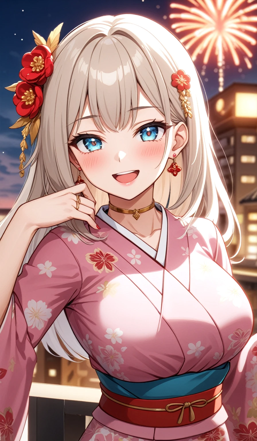 ((One personの女性)), Beautiful Face, (Laughing embarrassedly), (laugh:1.2), ((Wink:1.6)), Laughing with your mouth open,((Bright red cheeks:1.4)),Glossy pink lips,Night view,rooftop, firework,Shining Face,  ((Anime style background)),masterpiece, Highest quality, so beautiful,up to date, Complex details, (Pink long nails),(ring),(bracelet),(choker),AI-generated, Complex,High resolution, Highest quality, super high quality,3D Images、3D Images,One person,Long blonde hair,ponytail, wavy hair ,Anime woman posing for a photo, ((Fine grain、Turquoise Eyes、Shining Eyes:1.3)), (Squint your eyes:1.1),a hyperRealistic , hyperRealistic , Realistic,Anime woman with long white hair, Smooth anime CG art, A woman in a colorful kimono with gold embroidery, (Pink long sleeve kimono),Red floral pattern,Long flower hair ornament,Earrings,Mature Body,(Big Breasts:1.1),Tall,Abdominal muscles,Tight waist,(Zoom up to face:1.3), (front view),