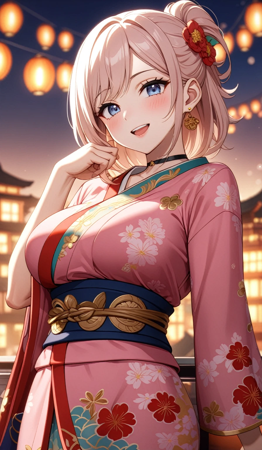 ((One personの女性)), Beautiful Face, (Laughing embarrassedly), (laugh:1.2), ((Wink:1.6)), Laughing with your mouth open,((Bright red cheeks:1.4)),Glossy pink lips,Night view,rooftop, firework,Shining Face, ((Anime style background)),masterpiece, Highest quality, so beautiful,up to date, Complex details, (Pink long nails),(ring),(bracelet),(choker),AI-generated, Complex,High resolution, Highest quality, super high quality,3D Images、3D Images,One person,Long blonde hair,ponytail, wavy hair ,Anime woman posing for a photo, ((Fine grain、Turquoise Eyes、Shining Eyes:1.3)), (Squint your eyes:1.1),a hyperRealistic , hyperRealistic , Realistic,Anime woman with long white hair, Smooth anime CG art, A woman in a colorful kimono with gold embroidery, (Pink long sleeve kimono),Red floral pattern,Long flower hair ornament,Earrings,Mature Body,(Big Breasts:1.1),Tall,Abdominal muscles,Tight waist,(Zoom up to face:1.3), (front view),