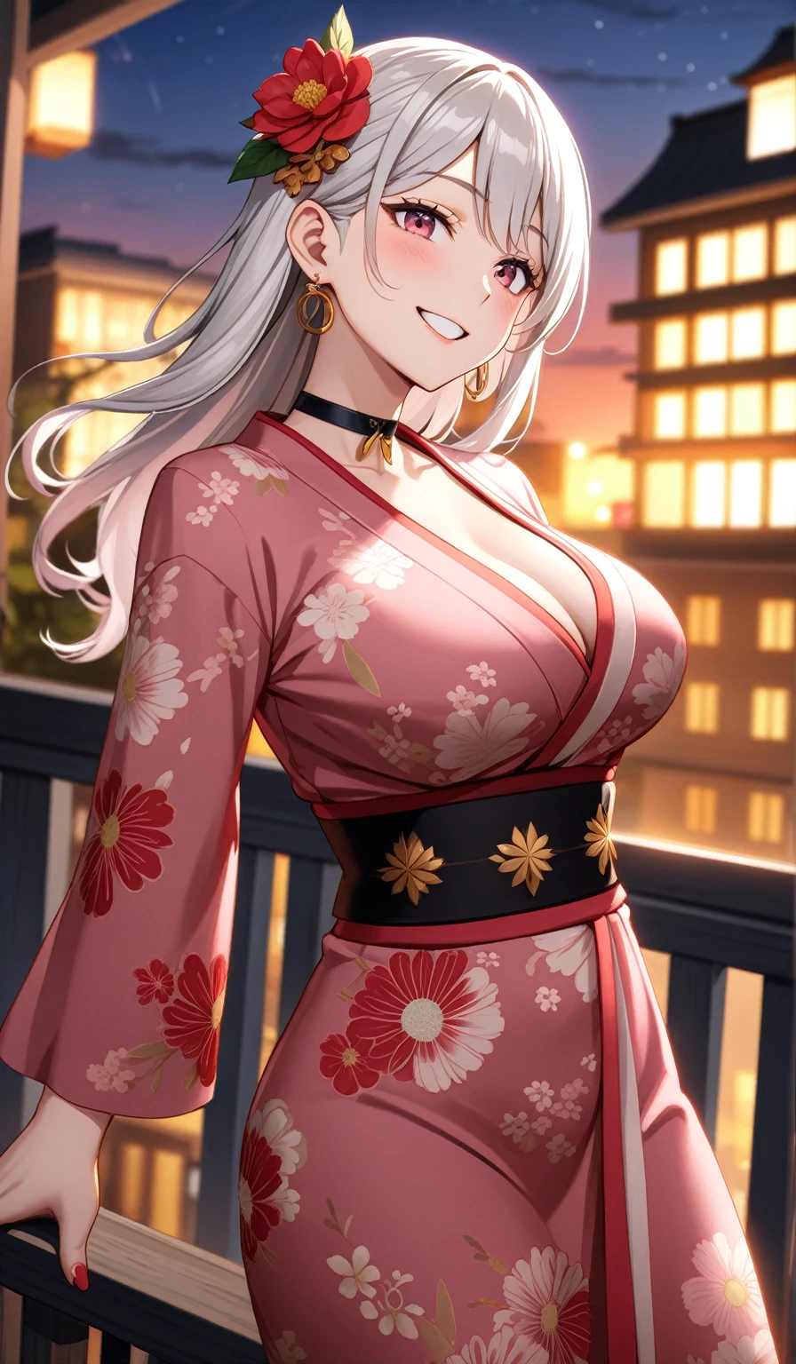 ((One personの女性)), Beautiful Face, (Laughing embarrassedly), (laugh:1.2), ((Wink:1.6)), Laughing with your mouth open,((Bright red cheeks:1.4)),Glossy pink lips,Night view,rooftop, firework,Shining Face, ((Anime style background)),masterpiece, Highest quality, so beautiful,up to date, Complex details, (Pink long nails),(ring),(bracelet),(choker),AI-generated, Complex,High resolution, Highest quality, super high quality,3D Images、3D Images,One person,Long blonde hair,ponytail, wavy hair ,Anime woman posing for a photo, ((Fine grain、Turquoise Eyes、Shining Eyes:1.3)), (Squint your eyes:1.1),a hyperRealistic , hyperRealistic , Realistic,Anime woman with long white hair, Smooth anime CG art, A woman in a colorful kimono with gold embroidery, (Pink long sleeve kimono),Red floral pattern,Long flower hair ornament,Earrings,Mature Body,(Big Breasts:1.1),Tall,Abdominal muscles,Tight waist,(Zoom up to face:1.3), (front view),