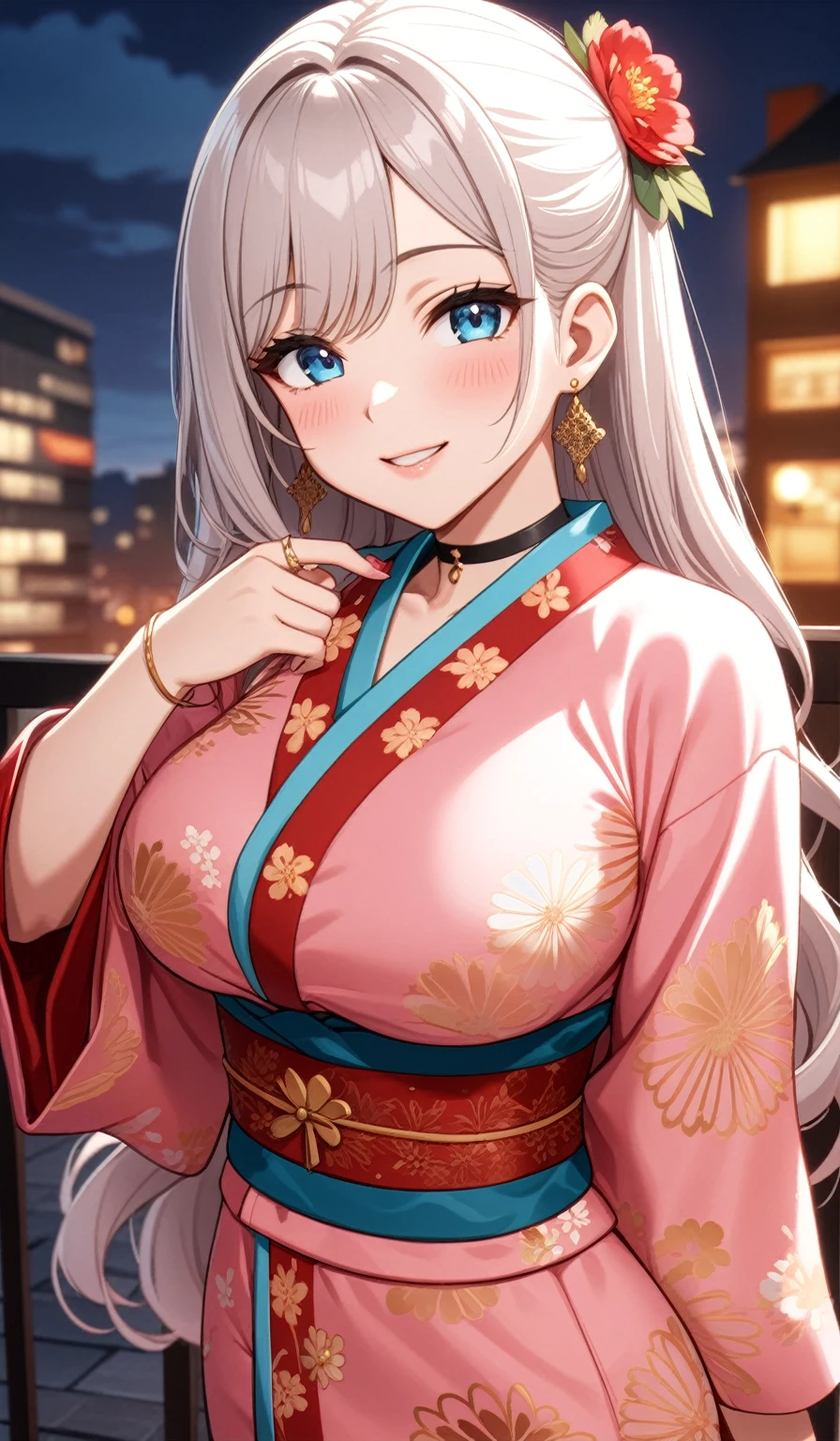 ((One personの女性)), Beautiful Face, (Laughing embarrassedly), (laugh:1.2), ((Wink:1.6)), Laughing with your mouth open,((Bright red cheeks:1.4)),Glossy pink lips,Night view,rooftop, firework,Shining Face,  ((Anime style background)),masterpiece, Highest quality, so beautiful,up to date, Complex details, (Pink long nails),(ring),(bracelet),(choker),AI-generated, Complex,High resolution, Highest quality, super high quality,3D Images、3D Images,One person,Long blonde hair,ponytail, wavy hair ,Anime woman posing for a photo, ((Fine grain、Turquoise Eyes、Shining Eyes:1.3)), (Squint your eyes:1.1),a hyperRealistic , hyperRealistic , Realistic,Anime woman with long white hair, Smooth anime CG art, A woman in a colorful kimono with gold embroidery, (Pink long sleeve kimono),Red floral pattern,Long flower hair ornament,Earrings,Mature Body,(Big Breasts:1.1),Tall,Abdominal muscles,Tight waist,(Zoom up to face:1.3), (front view),