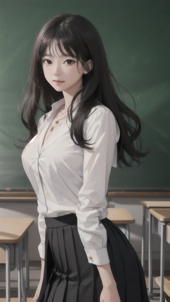 (Highly detailed CG Unity 8k wallpaper)、(masterpiece)、(Highest quality)、(Super detailed)、(Best illustrations)、(Best Shadow)、Ultra-high resolution、(Real、Photorealistic:1.2)、(Beautiful student teacher:1.4)、Dark brown long hair、(Large Breasts:1.2)、(School classroom:1.4)、(Black suit skirt:1.4)、(Cute Necklace:1.2)、Puffy eyes、(Stand at the podium with the blackboard behind you:1.2)、(Close-up)、High contrast light、Upper Body